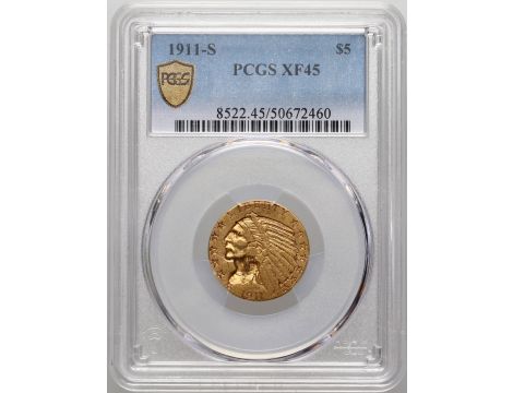 4631. USA, 5 dolarów 1911 S, San Francisco, Indianin, PCGS XF45