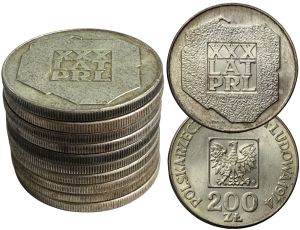 Zestaw srebrnych monet 200 złotych 1974 XXX Lat PRL Mapka 10 sztuk