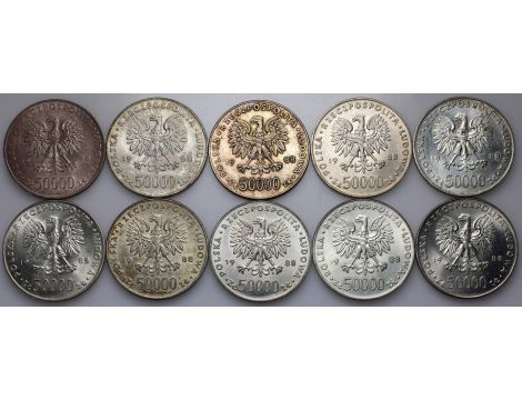4724. Srebro, Zestaw monet PRL, 50000 złotych 1988, Piłsudski, 10 sztuk - 2