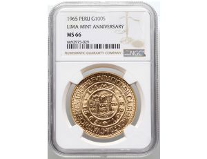 Peru, 100 soli 1965, 400 lat mennicy w Limie, NGC MS66