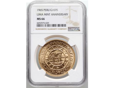 4789. Peru, 100 soli 1965, 400 lat mennicy w Limie, NGC MS66