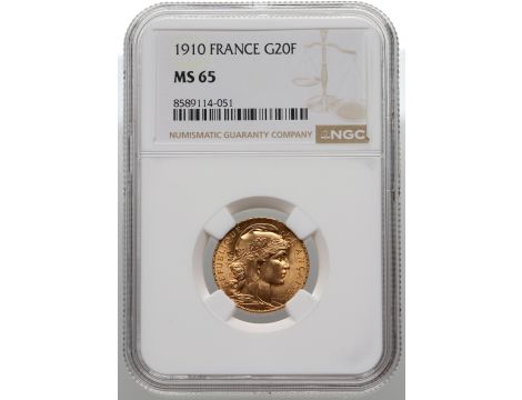 4792. Francja, 20 franków 1910, Kogut, NGC MS65