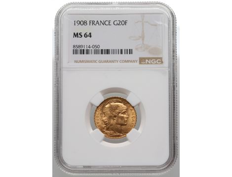 4793. Francja, 20 franków 1908, Kogut, NGC MS64