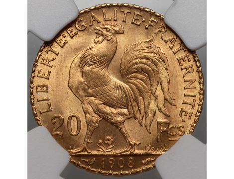 4793. Francja, 20 franków 1908, Kogut, NGC MS64 - 3