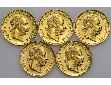 4841. Austria, Zestaw monet dukat 1915 Nowe Bicie, 5 sztuk