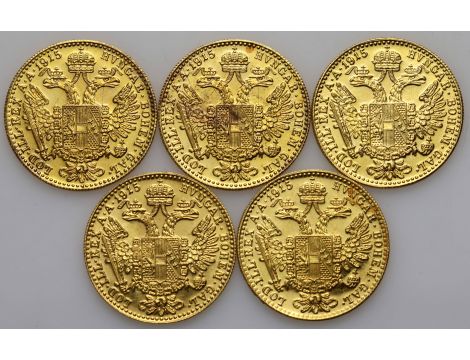 4841. Austria, Zestaw monet dukat 1915 Nowe Bicie, 5 sztuk - 2