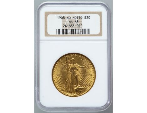 5106. USA, 20 dolarów 1908, Filadelfia, Saint-Gaudens, bez motta, NGC MS63