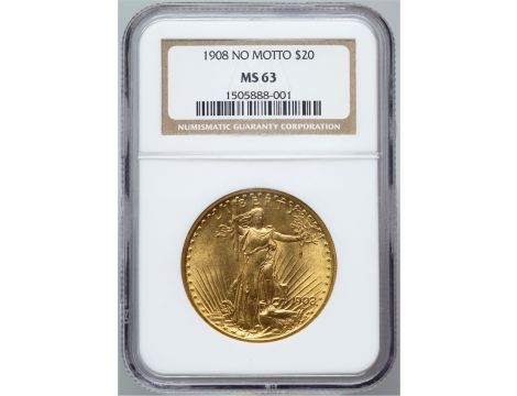 5107. USA, 20 dolarów 1908, Filadelfia, Saint-Gaudens, bez motta, NGC MS63