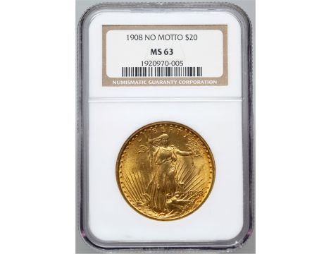 5108. USA, 20 dolarów 1908, Filadelfia, Saint-Gaudens, bez motta, NGC MS63