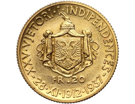 5389. Albania, Zog I, 20 franga ari 1937 R, Rzym, Niepodległość - rzadkie - 2