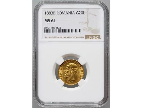 5392. Rumunia, Karol I, 20 lei 1883 B, Bukareszt, NGC MS61